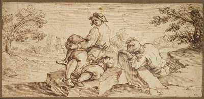 ثلاثة أشكال تستريح في منظر طبيعي (قلم وحبر بني على ورق) بواسطة إركول بازيكالوفا